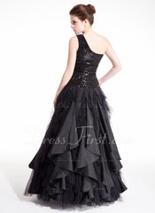 A-Line/Princess One-Shoulder Floor-Length Taffeta Tulle Sequined Prom Dress With Ruffle (018004860)