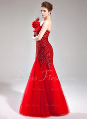 Trumpet/Mermaid Sweetheart Floor-Length Tulle Sequined Prom Dress With Flower(s) (018005082)