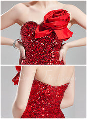 Trumpet/Mermaid Sweetheart Floor-Length Tulle Sequined Prom Dress With Flower(s) (018005082)