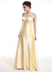 A-Line/Princess V-neck Floor-Length Charmeuse Prom Dress With Ruffle Beading (018004804)