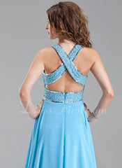 A-Line/Princess V-neck Floor-Length Chiffon Prom Dress With Ruffle Beading Sequins (018004867)