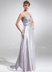 A-Line/Princess Sweetheart Sweep Train Charmeuse Prom Dress With Ruffle Beading (018002497)