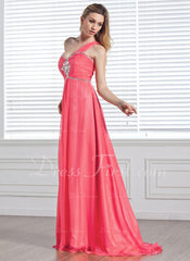 A-Line/Princess One-Shoulder Sweep Train Chiffon Prom Dress With Ruffle Beading (018004848)