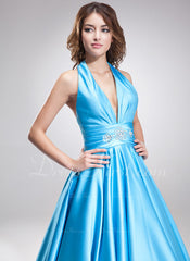 A-Line/Princess Halter Sweep Train Satin Prom Dress With Ruffle Beading (018002743)