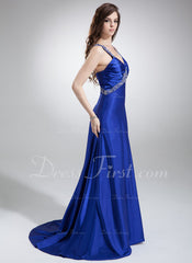 A-Line/Princess V-neck Sweep Train Charmeuse Prom Dress With Ruffle Beading (018002831)