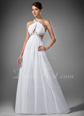 A-Line/Princess Scoop Neck Sweep Train Chiffon Prom Dress With Ruffle Beading (018002320)