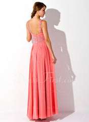 A-Line/Princess V-neck Floor-Length Chiffon Prom Dress With Ruffle Beading Sequins (018004805)