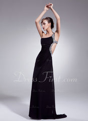 Sheath One-Shoulder Sweep Train Chiffon Prom Dress With Ruffle Beading (018004918)