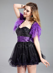 A-Line/Princess Sweetheart Short/Mini Tulle Charmeuse Sequined Homecoming Dress With Ruffle Sash (022019585)