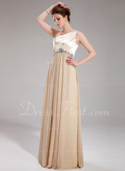 A-Line/Princess One-Shoulder Floor-Length Chiffon Charmeuse Prom Dress With Ruffle Beading (018004859)