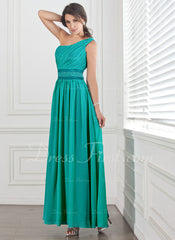 A-Line/Princess One-Shoulder Ankle-Length Chiffon Charmeuse Prom Dress With Ruffle Beading (018004855)