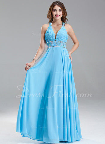 A-Line/Princess V-neck Floor-Length Chiffon Prom Dress With Ruffle Beading Sequins (018004867)