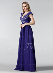 A-Line/Princess V-neck Floor-Length Chiffon Prom Dress With Ruffle Beading Sequins (018004839)