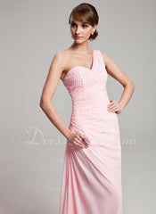 A-Line/Princess One-Shoulder Floor-Length Chiffon Prom Dress With Ruffle Beading (018004880)