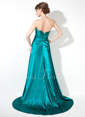 Sheath Scalloped Neck Sweep Train Charmeuse Prom Dress With Ruffle Beading (018002473)