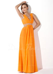 A-Line/Princess V-neck Floor-Length Chiffon Prom Dress With Ruffle Beading (018004849)