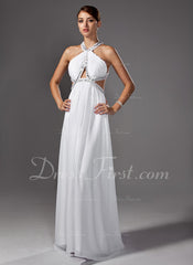 A-Line/Princess Scoop Neck Sweep Train Chiffon Prom Dress With Ruffle Beading (018002320)