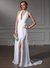 A-Line/Princess Halter Watteau Train Chiffon Prom Dress With Ruffle (018002458)