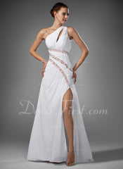 A-Line/Princess One-Shoulder Sweep Train Chiffon Prom Dress With Ruffle Beading (018005081)