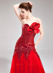 Trumpet/Mermaid Sweetheart Floor-Length Tulle Sequined Prom Dress With Flower(s) (018005082)