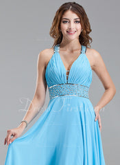 A-Line/Princess V-neck Floor-Length Chiffon Prom Dress With Ruffle Beading Sequins (018004867)