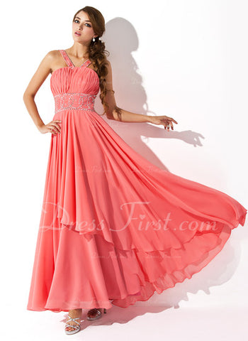 A-Line/Princess V-neck Floor-Length Chiffon Prom Dress With Ruffle Beading Sequins (018004805)