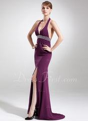 Trumpet/Mermaid Halter Sweep Train Chiffon Prom Dress With Beading (018004886)