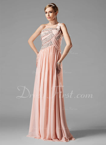 A-Line/Princess One-Shoulder Floor-Length Chiffon Prom Dress With Ruffle Beading Sequins (018004824)