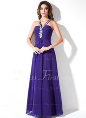 A-Line/Princess V-neck Floor-Length Chiffon Prom Dress With Ruffle Beading (018004819)