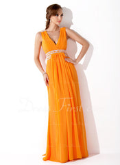 A-Line/Princess V-neck Floor-Length Chiffon Prom Dress With Ruffle Beading (018004849)