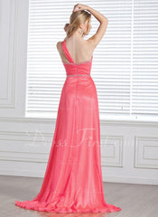 A-Line/Princess One-Shoulder Sweep Train Chiffon Prom Dress With Ruffle Beading (018004848)