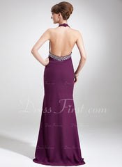 Trumpet/Mermaid Halter Sweep Train Chiffon Prom Dress With Beading (018004886)