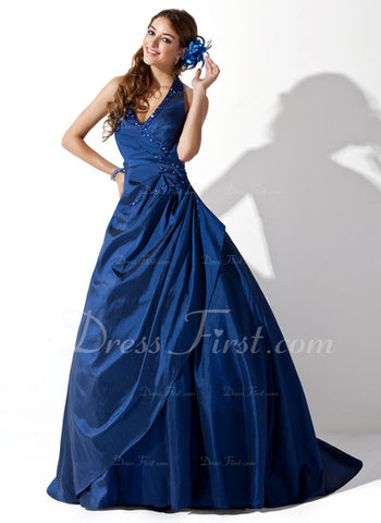 Ball-Gown Halter Sweep Train Taffeta Prom Dress With Ruffle Beading (018004996)