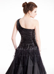 A-Line/Princess One-Shoulder Floor-Length Taffeta Tulle Sequined Prom Dress With Ruffle (018004860)