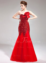 Trumpet/Mermaid Sweetheart Floor-Length Tulle Sequined Prom Dress With Flower(s) (018005082)