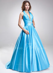 A-Line/Princess Halter Sweep Train Satin Prom Dress With Ruffle Beading (018002743)