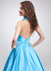 A-Line/Princess Halter Sweep Train Satin Prom Dress With Ruffle Beading (018002743)