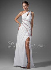 A-Line/Princess One-Shoulder Sweep Train Chiffon Prom Dress With Ruffle Beading (018005081)