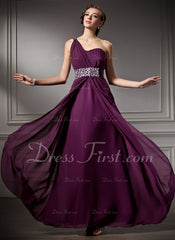 A-Line/Princess One-Shoulder Floor-Length Chiffon Prom Dress With Ruffle Beading (018004882)