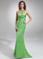 Empire Halter Floor-Length Charmeuse Prom Dress With Ruffle Beading Sequins (018004842)