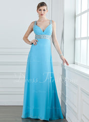 A-Line/Princess V-neck Floor-Length Chiffon Prom Dress With Ruffle Beading Sequins (018004840)