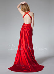 A-Line/Princess Halter Sweep Train Charmeuse Prom Dress With Ruffle Beading (018002780)