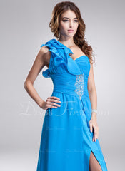 A-Line/Princess One-Shoulder Floor-Length Chiffon Prom Dress With Ruffle Beading (018004809)