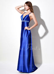 Empire V-neck Sweep Train Charmeuse Prom Dress With Ruffle Beading (018002669)