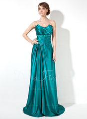 Sheath Scalloped Neck Sweep Train Charmeuse Prom Dress With Ruffle Beading (018002473)