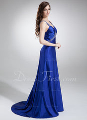 A-Line/Princess V-neck Sweep Train Charmeuse Prom Dress With Ruffle Beading (018002831)