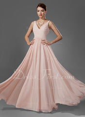 A-Line/Princess V-neck Floor-Length Chiffon Prom Dress With Ruffle (018005068)