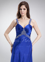 A-Line/Princess V-neck Sweep Train Charmeuse Prom Dress With Ruffle Beading (018002831)