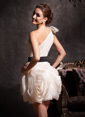 Sheath One-Shoulder Short/Mini Organza Charmeuse Cocktail Dress With Ruffle Sash (016013728)