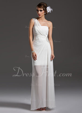 Sheath One-Shoulder Floor-Length Chiffon Prom Dress With Ruffle Beading (018004790)